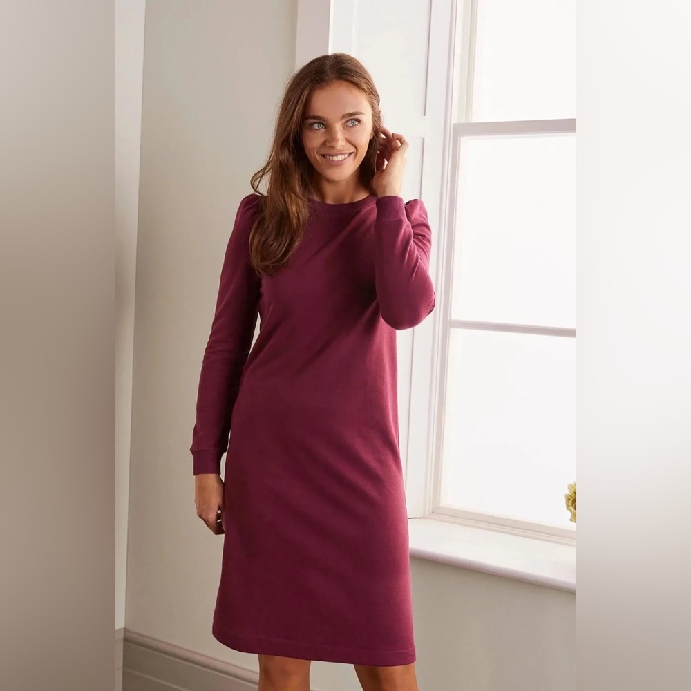 Boden Women’s Puff Sleeve Sweatshirt Dress - Burgundy Long Sleeve Stretc… - Picture 4 of 16
